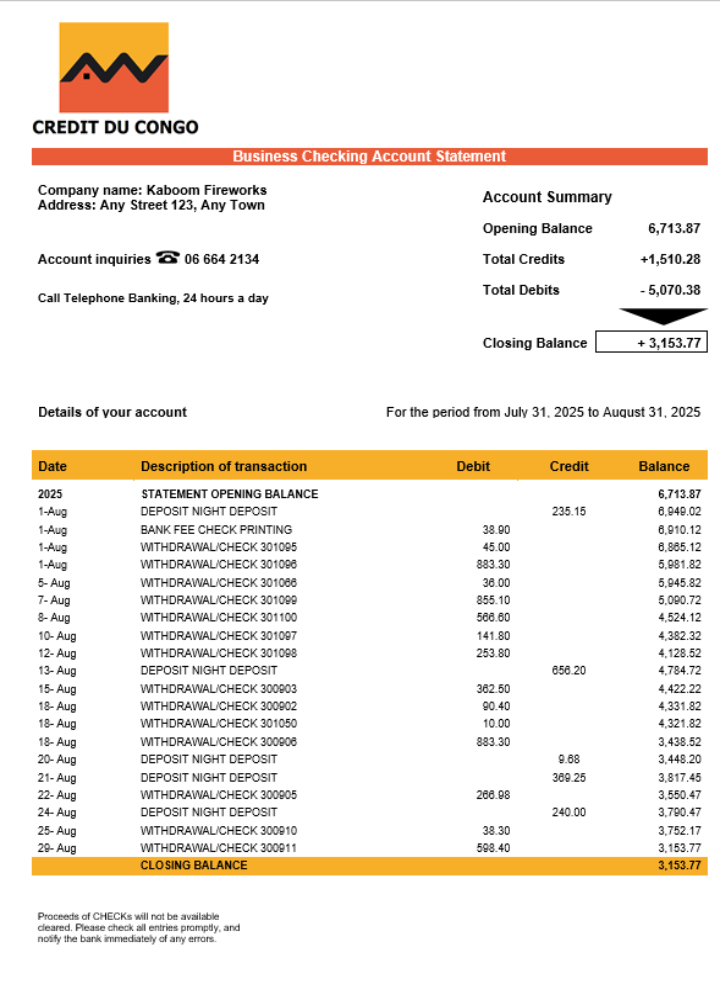 Modèle Word et PDF de relevé de compte bancaire Congo Crédit du Congo